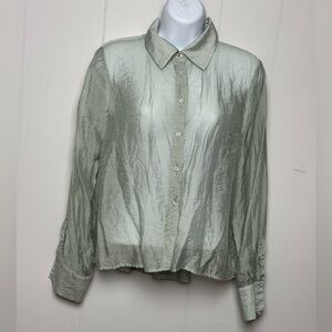 NWOT Zara Womens Lyocell Blend Mint Green Sheer Button Up Long Sleeve Top Size M